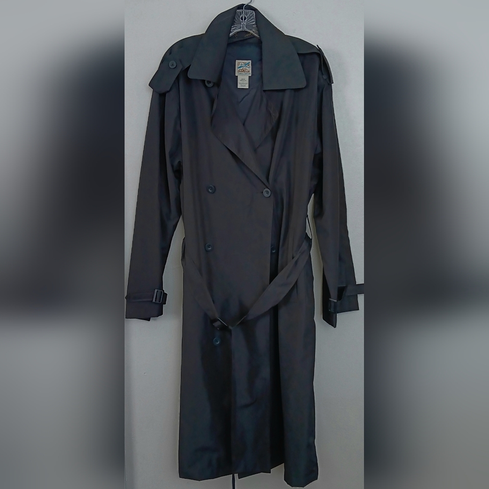 TravelSmith Men's Regular Longline Black Trench Coat Belted Doublebreasted Sz Lg